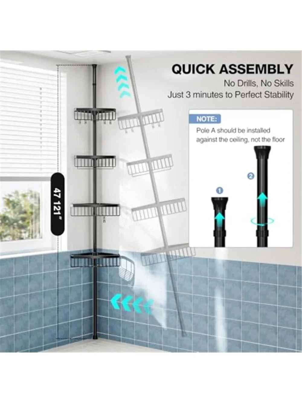 Corner Shower Caddy Tension Pole Adjustable Stainless Steel 4 Tier Basket Hooks